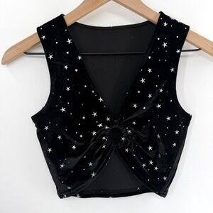 Celestial Whimsygoth Velvet Star Print Crop Top in Black Silver Size XS